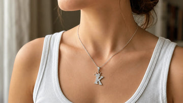 Moissanite crown initial necklace worn on model — hypoallergenic 925 sterling silver letter pendant