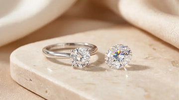 Moissanite ring and moissanite stone on a beige stone surface - Sensitive Stones