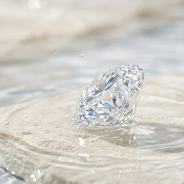 Colorless round brilliant moissanite resting in shallow water on a cream stone, showing its fire and sparkle - Sensitive Stones