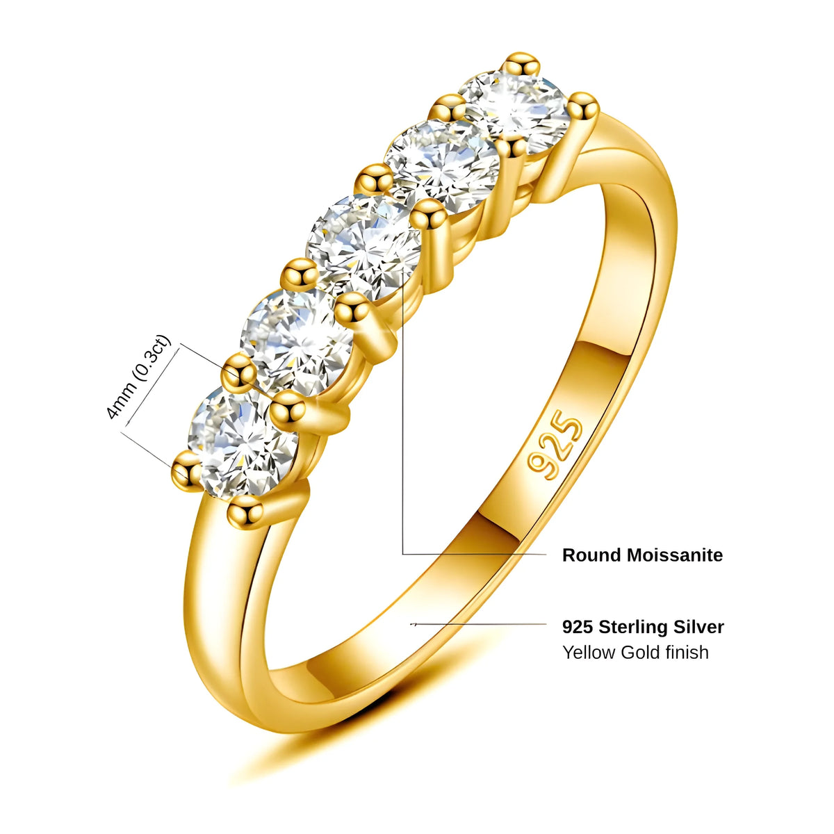 Specification diagram of the 1.5ct five stone moissanite wedding band in yellow gold finish showing 4mm 0.3ct round moissanite and the 925 stamp - Sensitive Stones