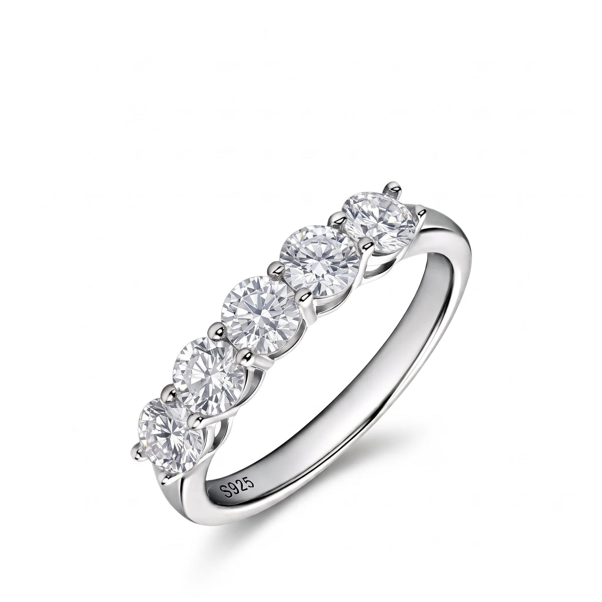 1.5ct five stone moissanite wedding band in 925 sterling silver white gold with 4mm stones in shared prongs - Sensitive Stones
