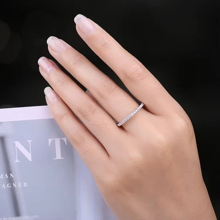 Elegant Hand Wearing 1.86 CT Moissanite Sterling Silver Eternity Ring