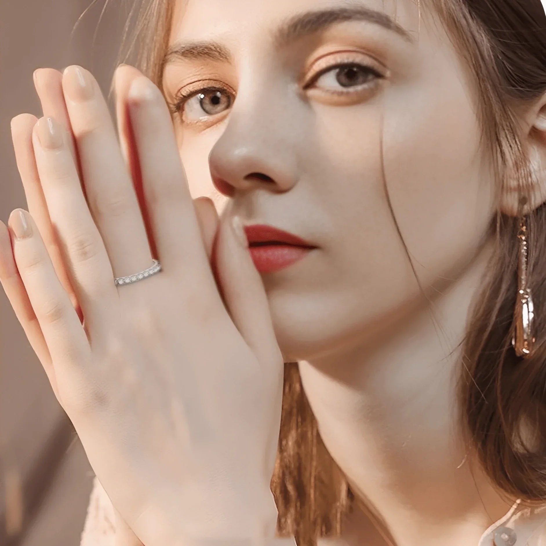 Woman wearing 1.86 CT Moissanite Eternity Ring in 925 Sterling Silver, showcasing minimalist elegance with natural sunlight glow.