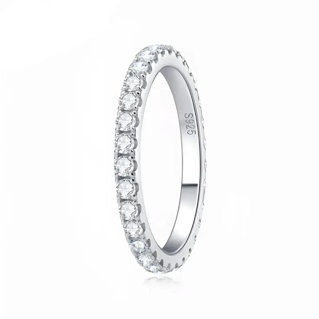 Moissanite eternity ring 925 sterling silver 18K white gold-plated band with VVS1 round stones in prong setting – Sensitive Stones