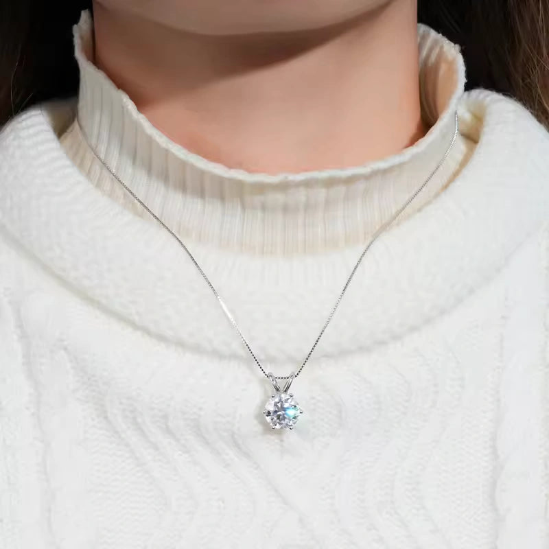 Elegant moissanite solitaire necklace for women featuring a brilliant-cut stone on a sterling silver box chain, perfect for quiet luxury pendants.