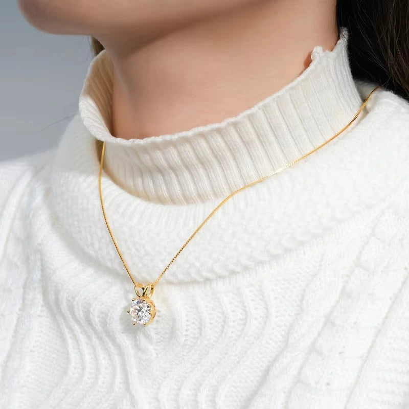 Elegant moissanite solitaire necklace for women featuring a brilliant-cut stone on a 18k gold plated sterling silver box chain, perfect for quiet luxury pendants.