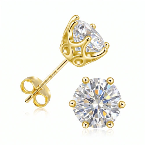 14K gold filled moissanite stud earrings in crown setting, side profile showing the six prong setting and the 1/20 14K GF stamp - Sensitive Stones