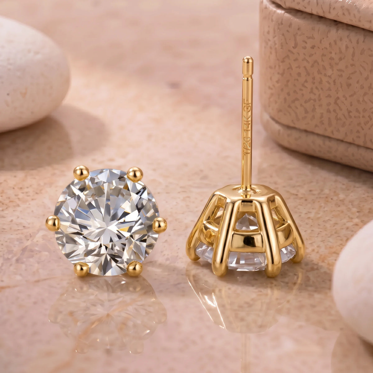14K gold filled moissanite stud earrings in yellow gold, back view showing the open gallery beneath the stone and the 1/20 14K GF stamp on the post - Sensitive Stones
