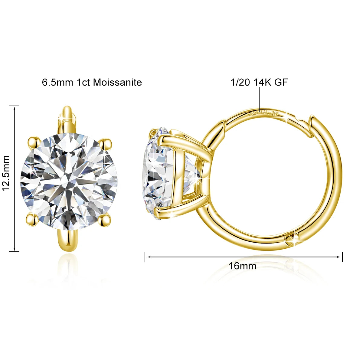 14k gold filled hoop earrings with clear gemstones, showing dimensions and material details - Sensitive Stones