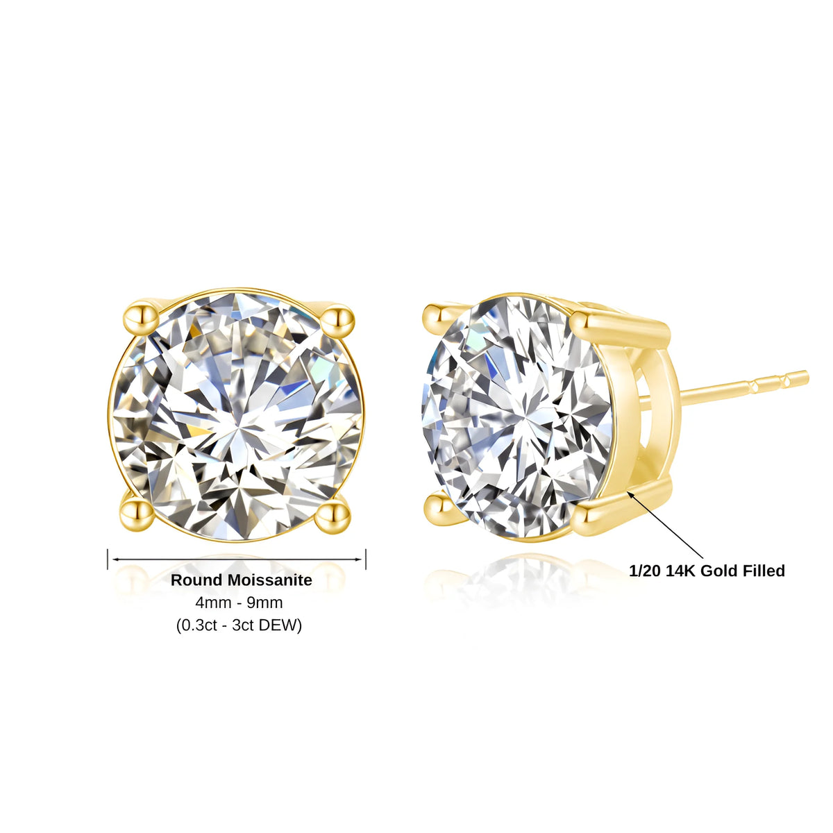 14K gold filled moissanite stud earring specifications in yellow gold, round brilliant 4mm to 9mm and 0.3ct to 3ct DEW with an open basket setting - Sensitive Stones