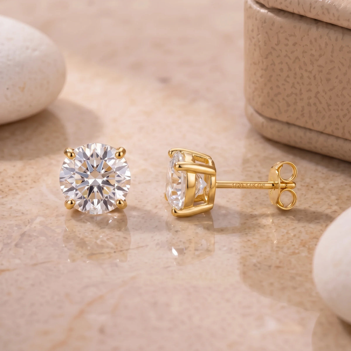14K gold filled moissanite stud earrings in yellow gold, front and side view showing the four claw basket setting and 1/20 14K GF stamp - Sensitive Stones