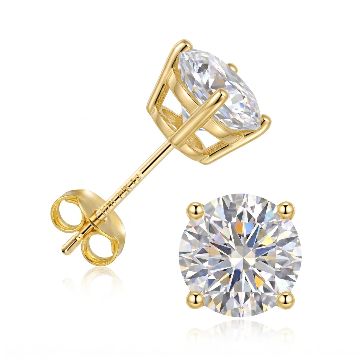 14K gold filled moissanite stud earrings in yellow gold, side profile showing the open basket setting and the 1/20 14K GF stamp - Sensitive Stones