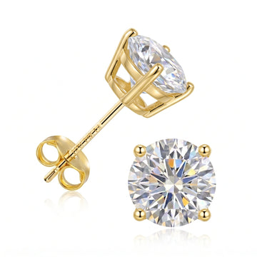 14K gold filled moissanite stud earrings in yellow gold, side profile showing the open basket setting and the 1/20 14K GF stamp - Sensitive Stones