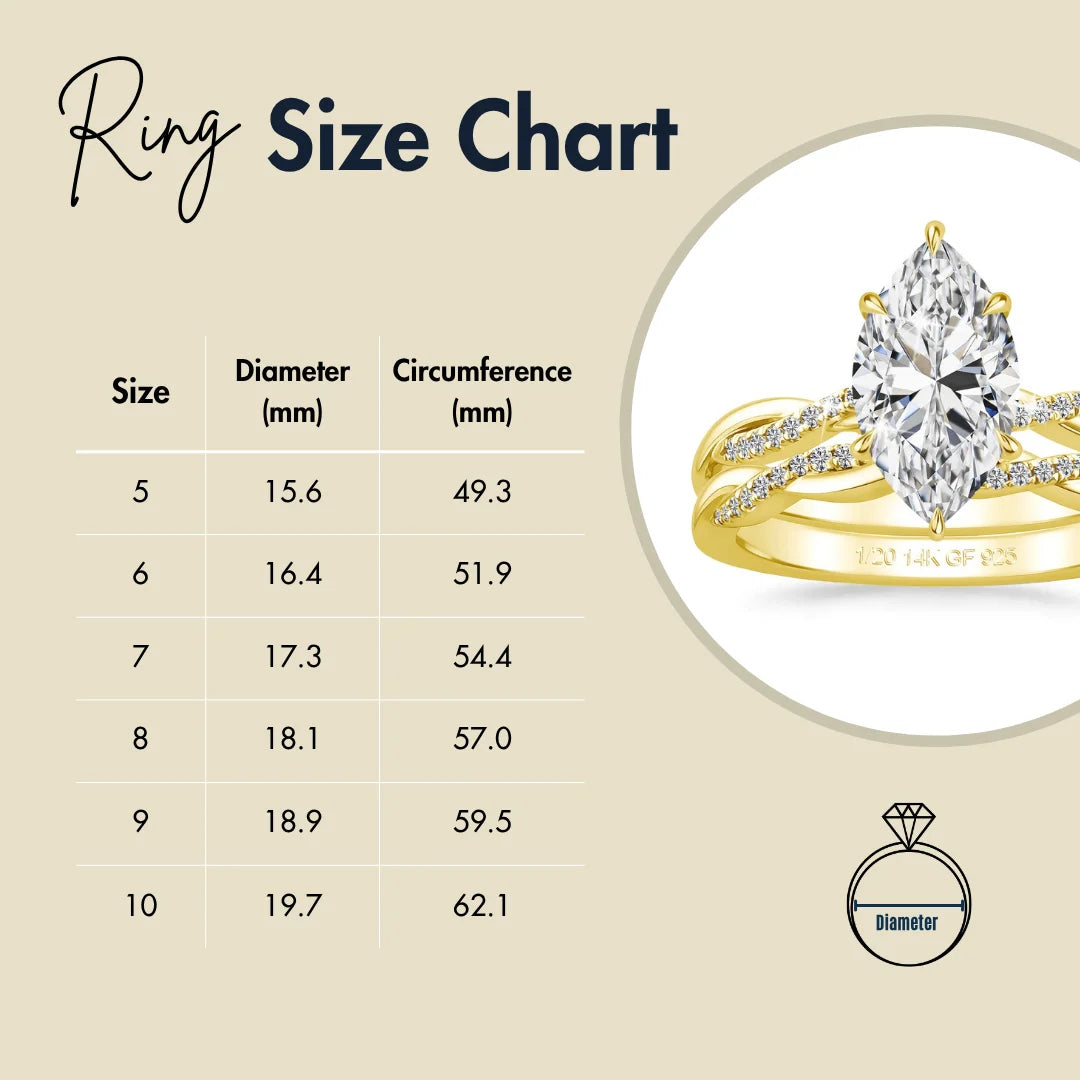 Ring size chart with US sizes 5 to 10, showing diameter and circumference in millimeters for accurate jewelry fit, featuring a 14k gold filled 3ct marquise moissanite bridal ring set - Sensitive Stones