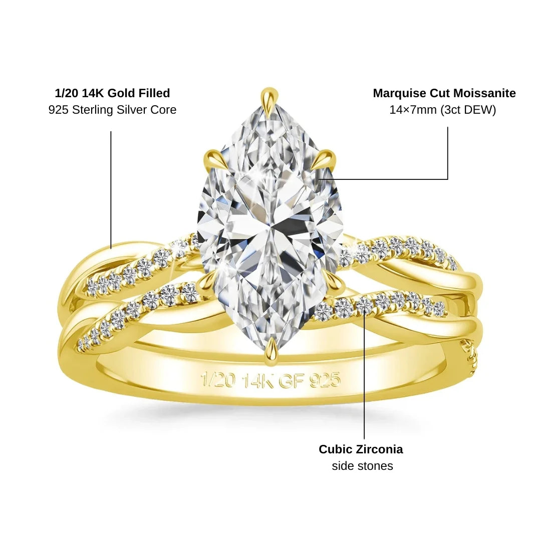 14K gold filled marquise moissanite bridal set specifications showing a 14x7mm 3ct DEW marquise moissanite with cubic zirconia side stones over a 925 sterling silver core - Sensitive Stones