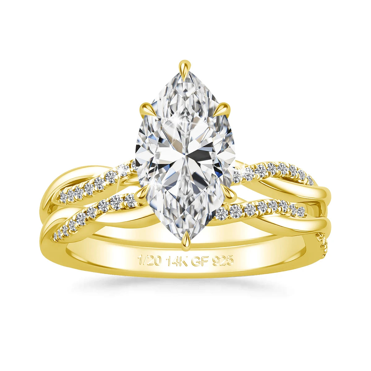 14K gold filled marquise moissanite bridal set with a 3ct marquise moissanite on a twisted cubic zirconia pavé band and its matching wedding band, stamped 1/20 14K GF 925 - Sensitive Stones