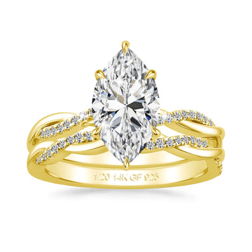 14K gold filled marquise moissanite bridal set with a 3ct marquise moissanite on a twisted 5A cubic zirconia pavé band and its matching wedding band, stamped 1/20 14K GF 925 - Sensitive Stones