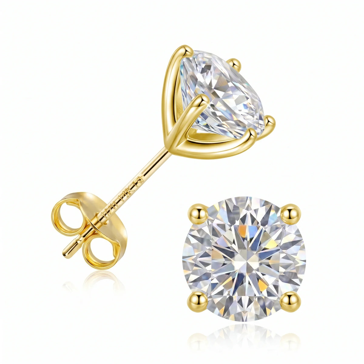 14K gold filled moissanite stud earrings in yellow gold, side profile showing the martini setting tapering to the post and the 1/20 14K GF stamp - Sensitive Stones