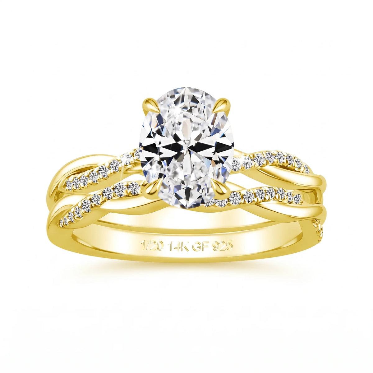 14K gold filled moissanite bridal set with a 2ct oval moissanite on a twisted cubic zirconia pavé band and its matching wedding band, stamped 1/20 14K GF 925 - Sensitive Stones