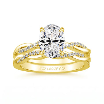 14K gold filled moissanite bridal set with a 2ct oval moissanite on a twisted 5A cubic zirconia pavé band and its matching wedding band, stamped 1/20 14K GF 925 - Sensitive Stones