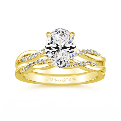 14K gold filled moissanite bridal set with a 2ct oval moissanite on a twisted 5A cubic zirconia pavé band and its matching wedding band, stamped 1/20 14K GF 925 - Sensitive Stones
