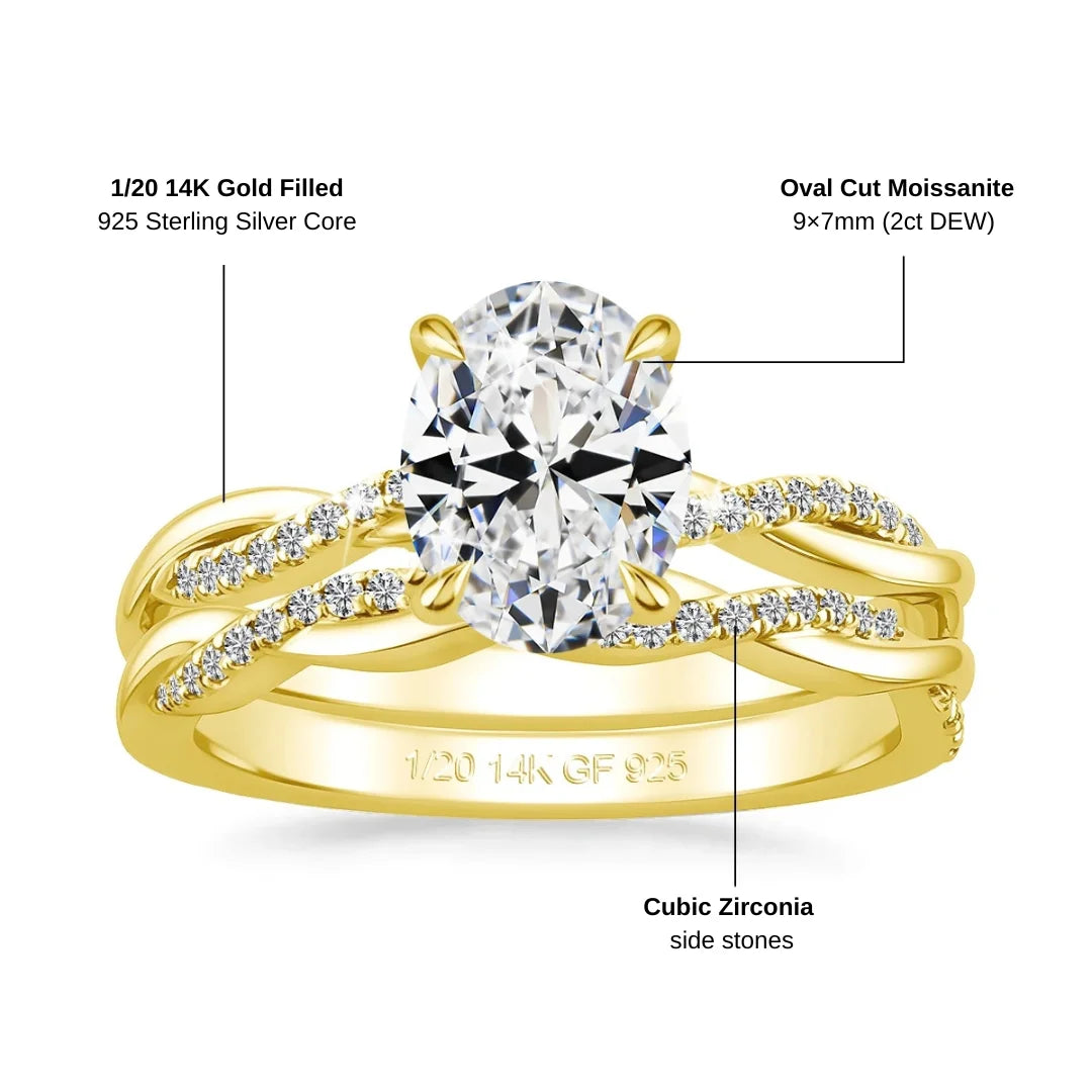 14K gold filled moissanite bridal set specifications showing a 9x7mm 2ct DEW oval moissanite with cubic zirconia side stones over a 925 sterling silver core - Sensitive Stones