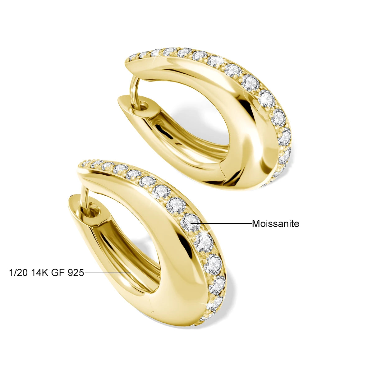 14K gold filled moissanite chunky hoop earrings with pavé stones - 1/20 14K GF on 925 silver base - Sensitive Stones
