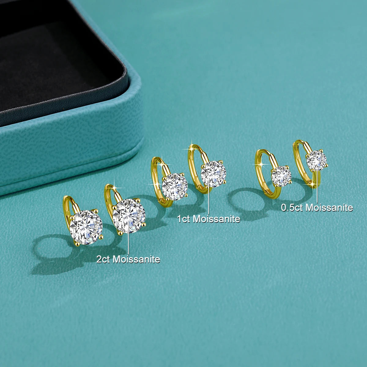 14K gold filled moissanite huggie hoop earrings - 0.5ct, 1ct, 2ct comparison with jewelry box - Sensitive Stones