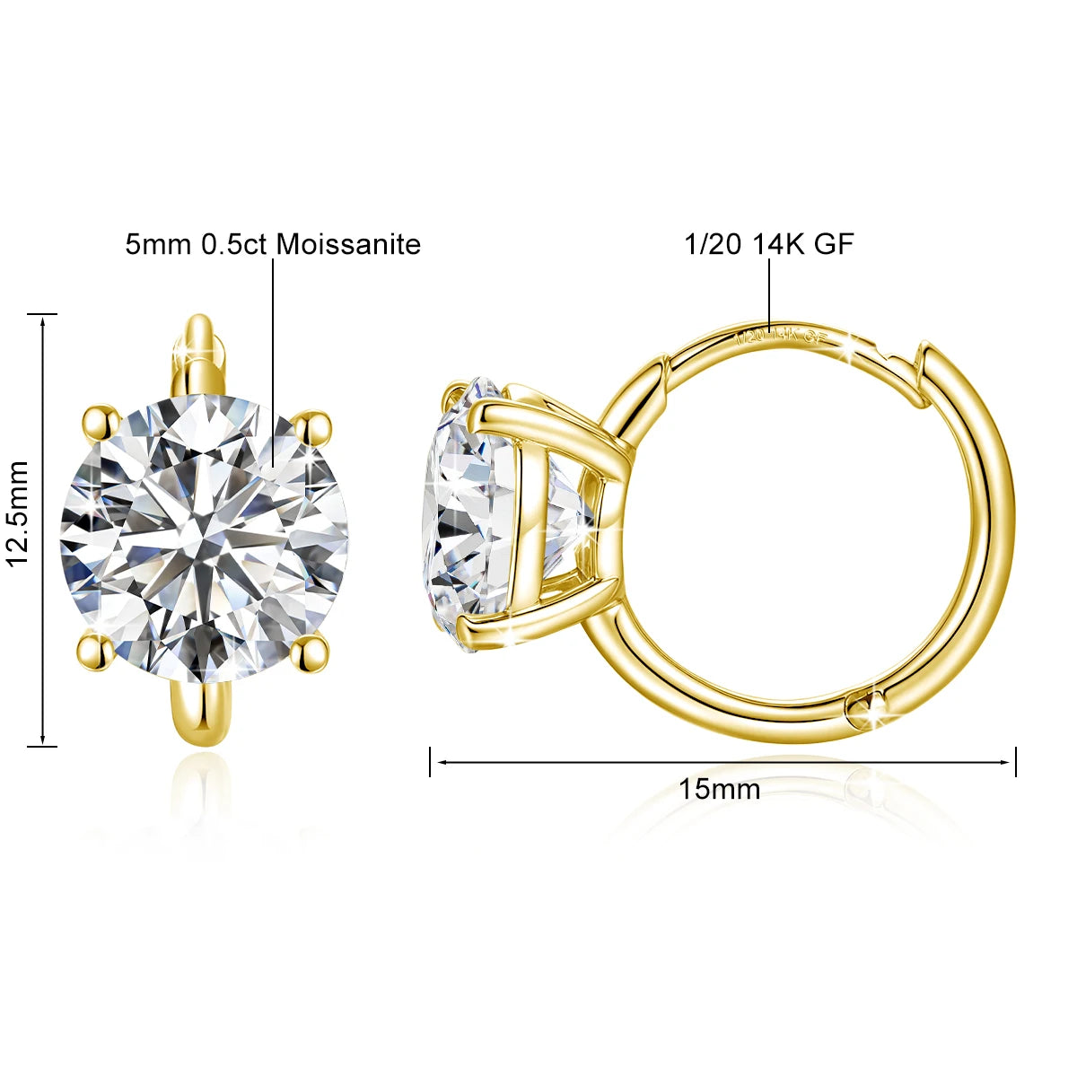  14K gold filled moissanite huggie hoop earrings 5mm specifications - 0.5ct each, 12.5mm diameter, 1/20 14K GF - Sensitive Stones