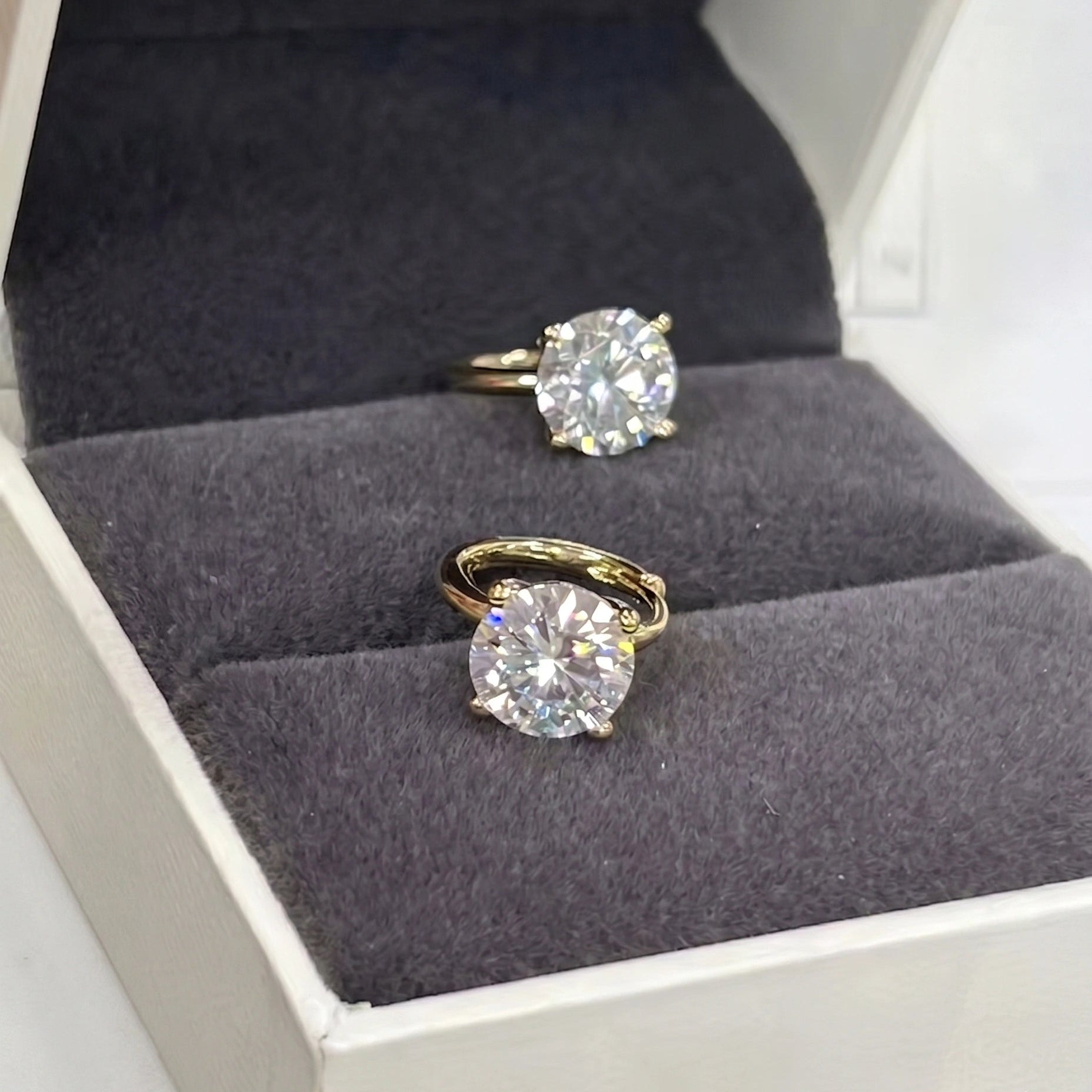 14K gold filled moissanite huggie hoop earrings in jewelry box, round brilliant D color VVS1, actual product photo - Sensitive Stones