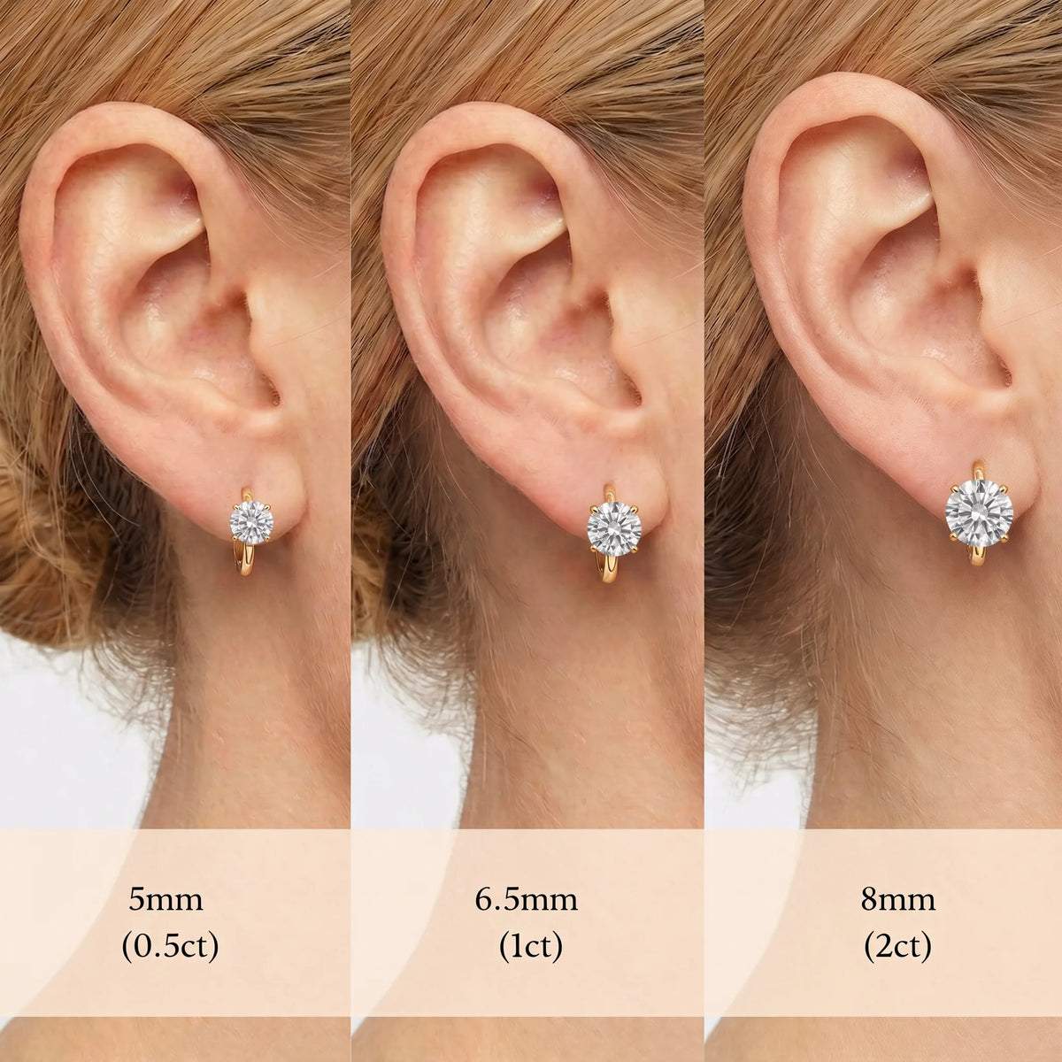 Size guide of 14K gold filled moissanite huggie hoop earrings worn on the ear, comparing 5mm (0.5ct), 6.5mm (1ct) and 8mm (2ct) stones - Sensitive Stones