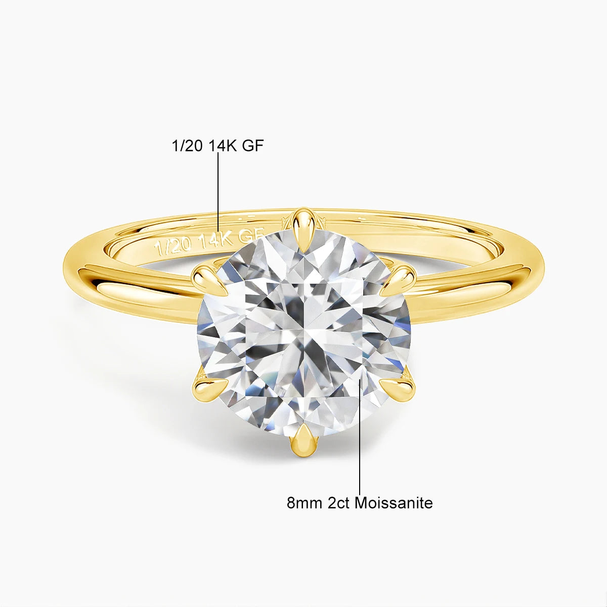 14K gold filled moissanite solitaire ring specifications - 1/20 14K GF, 8mm 2ct stone diagram - Sensitive Stones