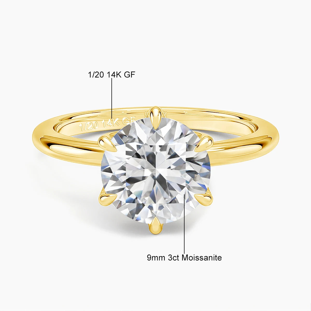 14K gold filled moissanite solitaire ring specifications - 1/20 14K GF, 9mm 3ct stone diagram - Sensitive Stones