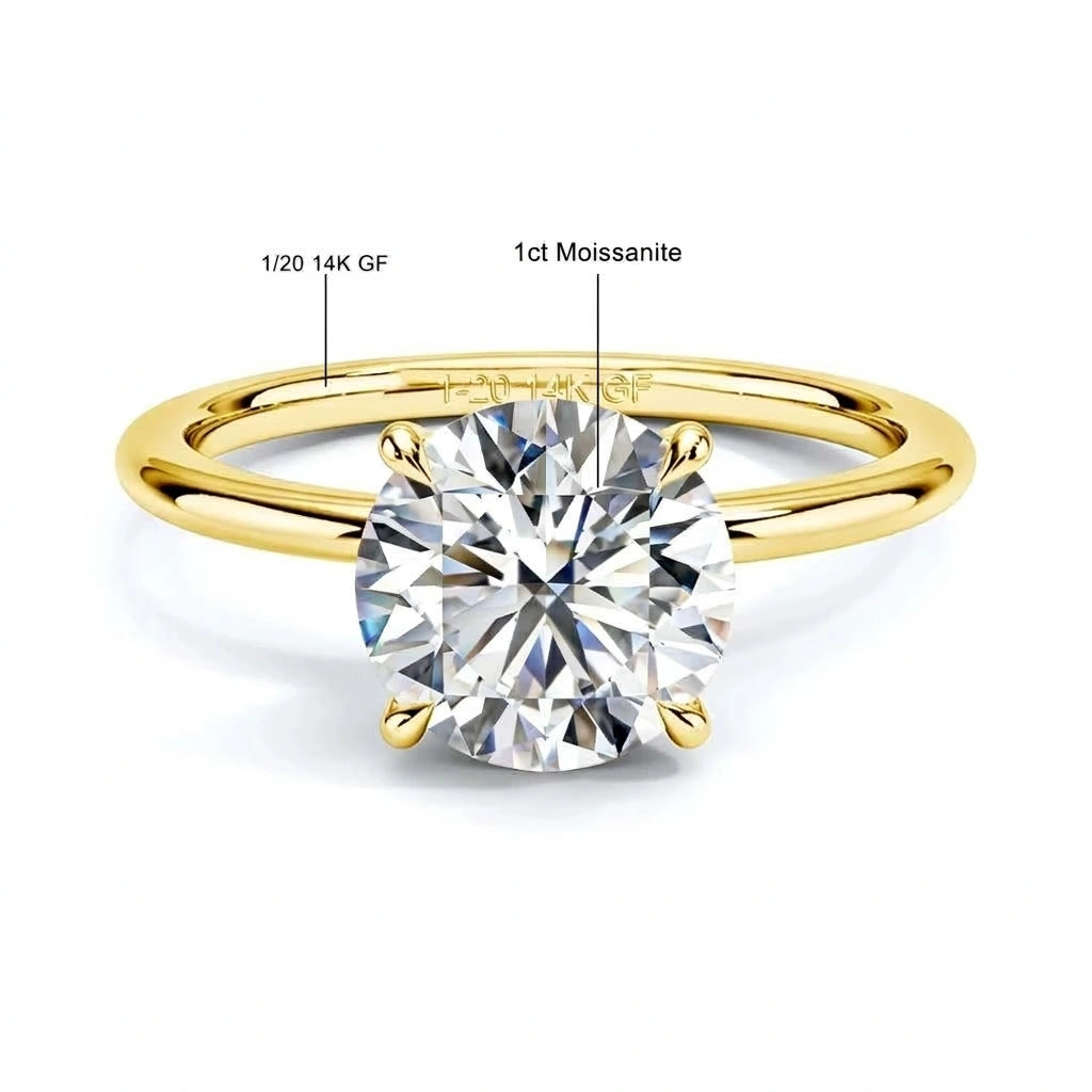 14K gold filled moissanite solitaire ring specifications - 1/20 14K GF, 6.5mm 1ct stone diagram - Sensitive Stones