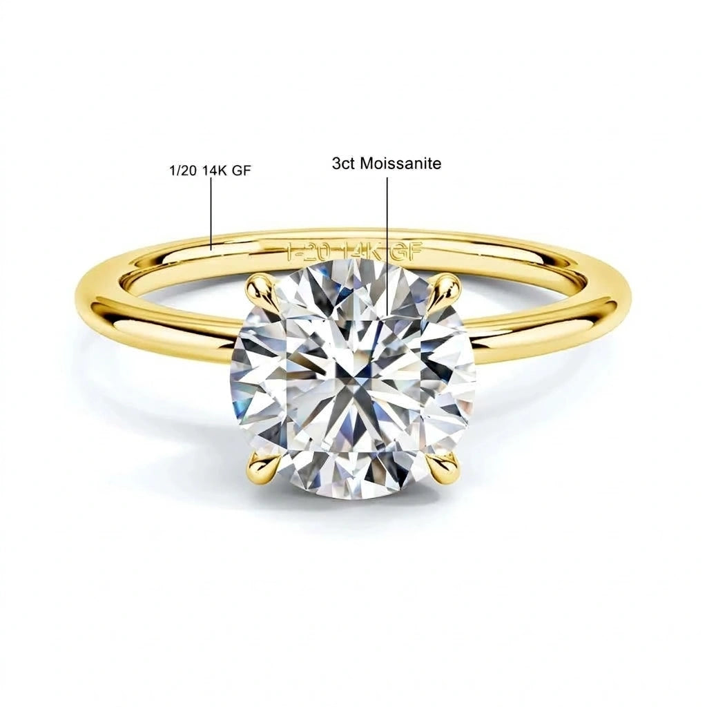 14K gold filled moissanite solitaire ring specifications - 1/20 14K GF, 9mm 3ct stone diagram - Sensitive Stones