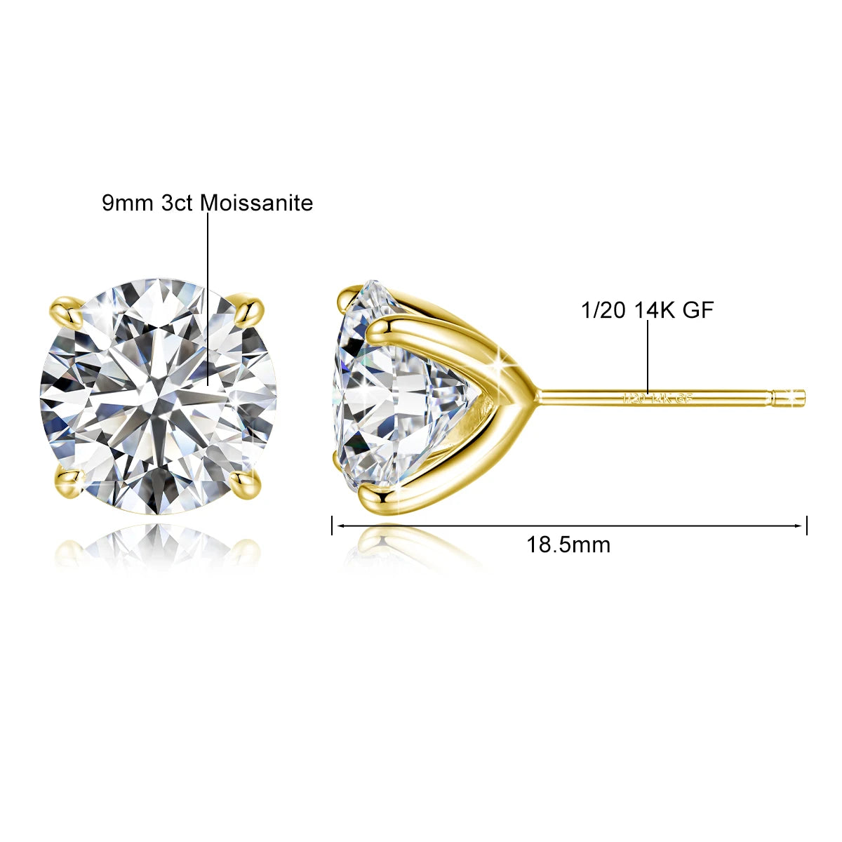 Detailed view of 9mm 3-carat moissanite stud earring in 1/20 14K gold-filled with precise measurements - Sensitive Stones