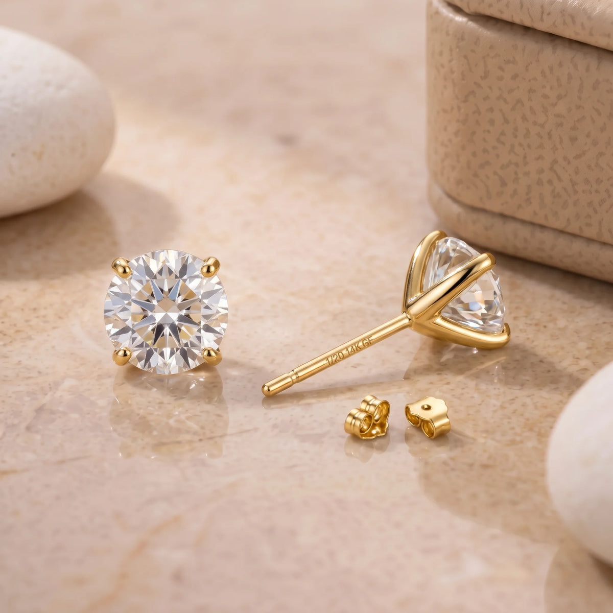 14K gold filled moissanite solitaire stud earrings in yellow gold, front and side view showing the 1/20 14K GF stamp and butterfly push backs - Sensitive Stones
