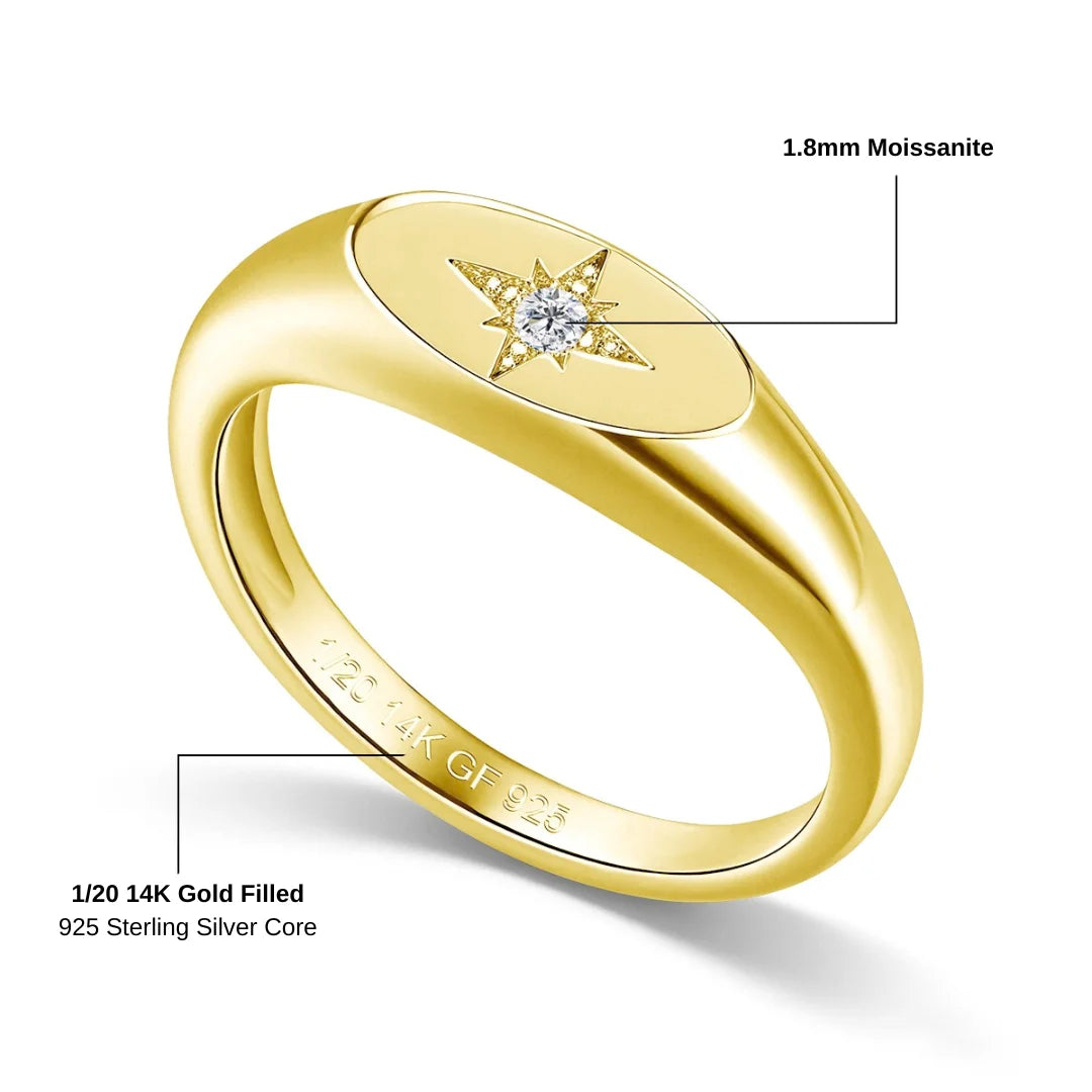 14K gold filled north star moissanite signet ring specifications showing a 1.8mm moissanite over a 925 sterling silver core - Sensitive Stones