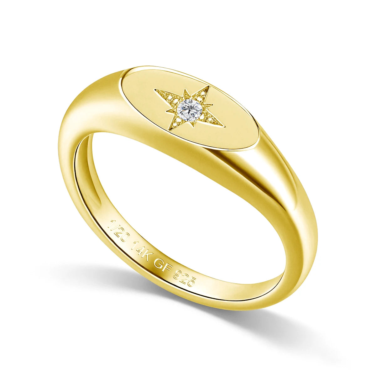 14K gold filled north star moissanite signet ring with an eight-point star recessed into a polished oval face and a 1.8mm moissanite at its centre - Sensitive Stones