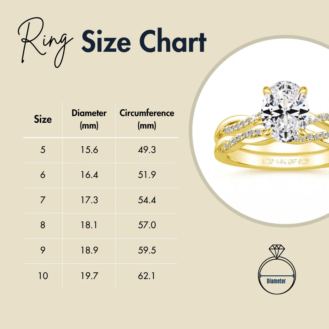 Ring size chart with US sizes 5 to 10, showing diameter and circumference in millimeters for accurate jewelry fit, featuring a moissanite oval 14k gold filled moissanite bridal ring set - Sensitive Stones