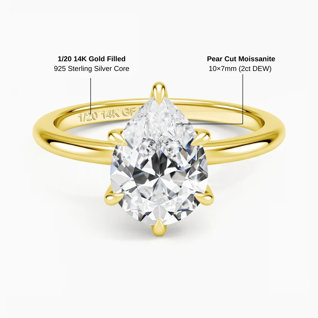 14K gold filled pear cut moissanite engagement ring specifications showing a 10x7mm 2ct DEW pear moissanite over a 925 sterling silver core - Sensitive Stones