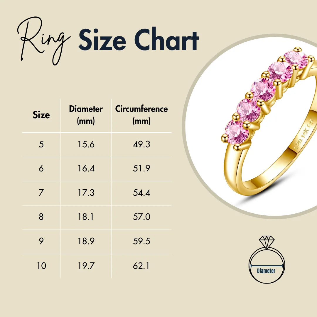 Ring size chart with US sizes 5 to 10, showing diameter and circumference in millimeters for accurate jewelry fit, featuring a 14k gold filled pink moissanite 5-stone ring - Sensitive Stones