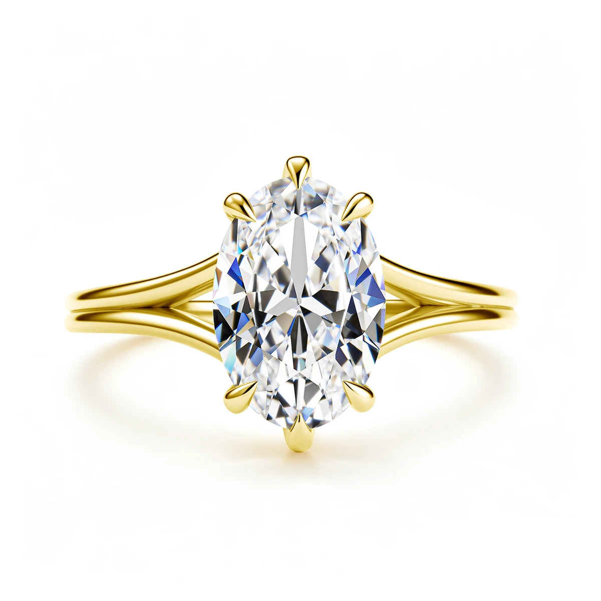 14K gold filled split shank oval moissanite engagement ring with a 4.5ct 12x8mm stone in a six prong setting, top view - Sensitive Stones