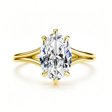 14K gold filled split shank oval moissanite engagement ring with a 4.5ct 12x8mm stone in a six prong setting, top view - Sensitive Stones