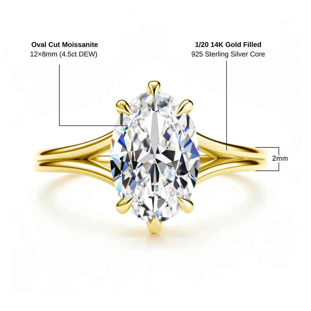 14K gold filled split shank oval moissanite ring specifications showing a 12x8mm 4.5ct DEW stone on a 2mm band over a 925 sterling silver core - Sensitive Stones