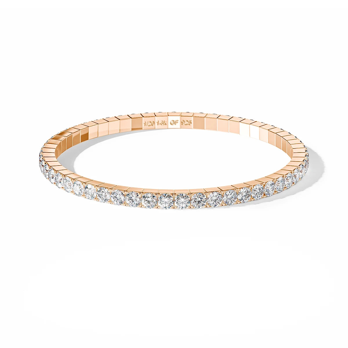 14K rose gold filled stretch moissanite tennis bracelet over a 925 sterling silver core, stamped 1/20 14K GF 925