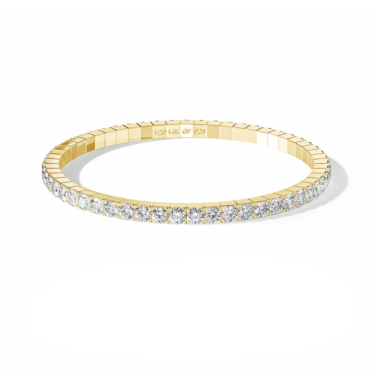 14K yellow gold filled stretch moissanite tennis bracelet over a 925 sterling silver core, stamped 1/20 14K GF 925