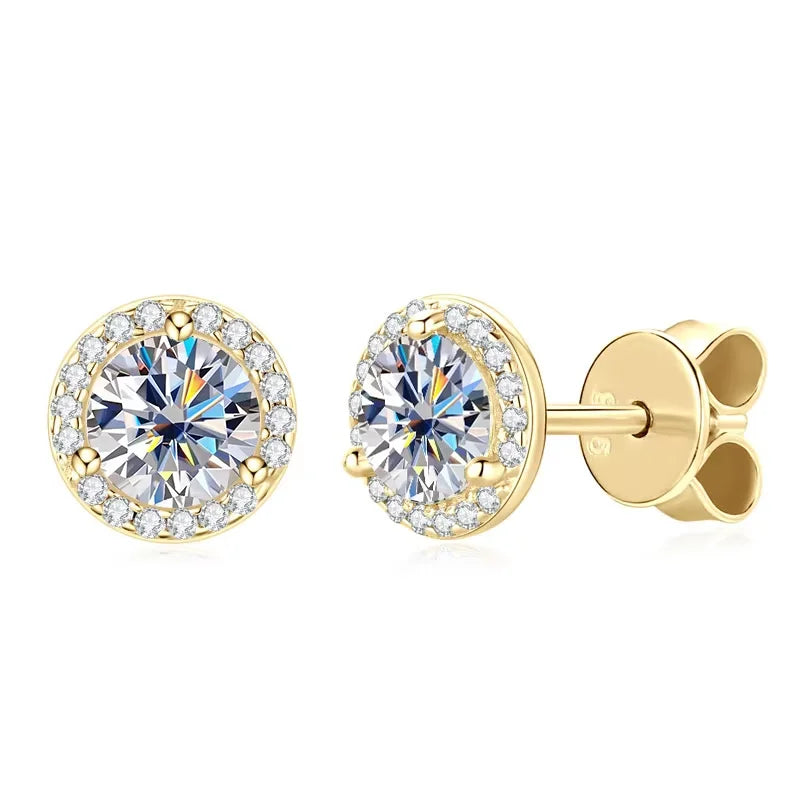 Pair of 14K gold plated 925 sterling silver moissanite halo stud earrings with brilliant round center stone and cubic zirconia accent halo - Sensitive Stones