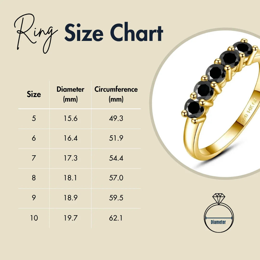 Ring size chart with US sizes 5 to 10, showing diameter and circumference in millimeters for accurate jewelry fit, featuring a 14k gold filled black moissanite 5-stone ring - Sensitive Stones