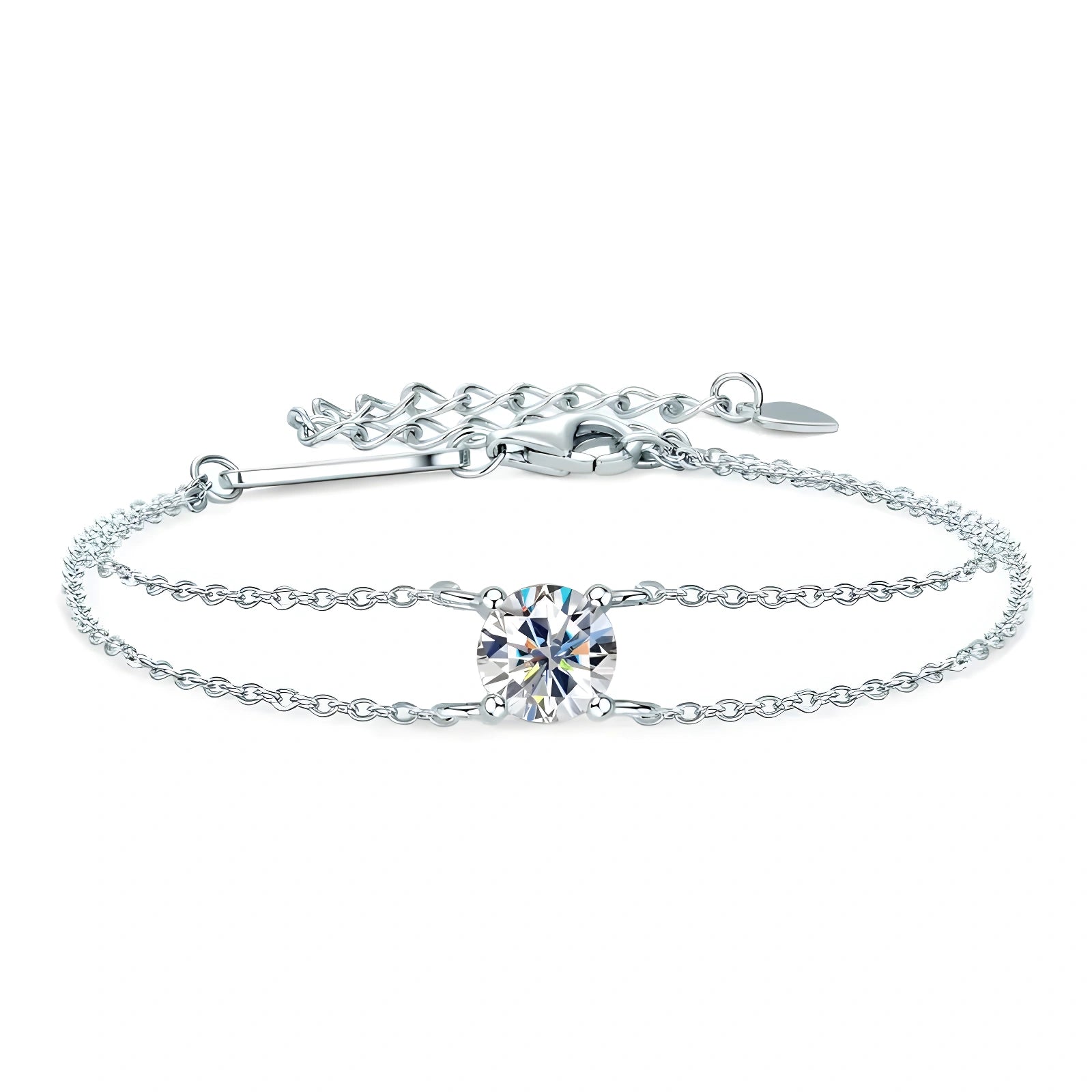 A white gold moissanite solitaire double chain bracelet with a round 1ct D color stone, adjustable lobster clasp and extender chain on a white background - Sensitive Stones